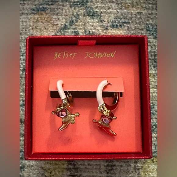 Betsey Johnson Cowboy Boot Pink Gold Tone Crystal Enamel Huggie Hoop Earrings - Picture 3 of 6